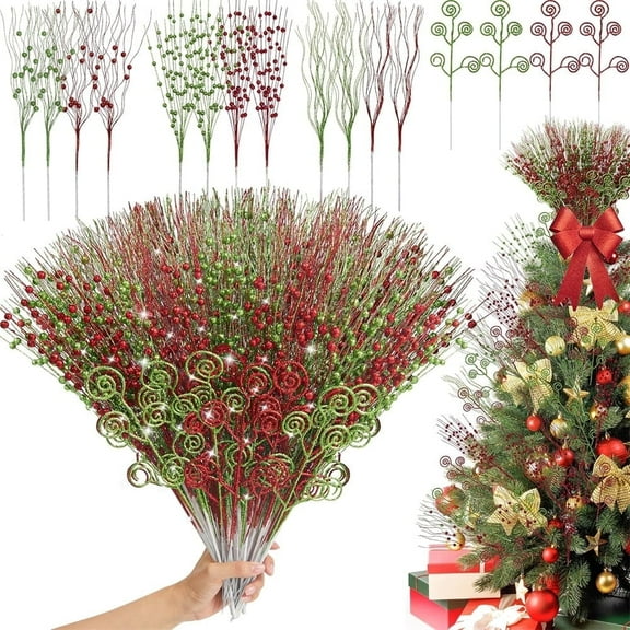 Triani 32Pcs Christmas Tree Picks 17" Red Green Artificial Glitter Curly Berry Stems Christmas Tree Filler Decorations Glitter Sticks Branches for Home Wreath Crafts