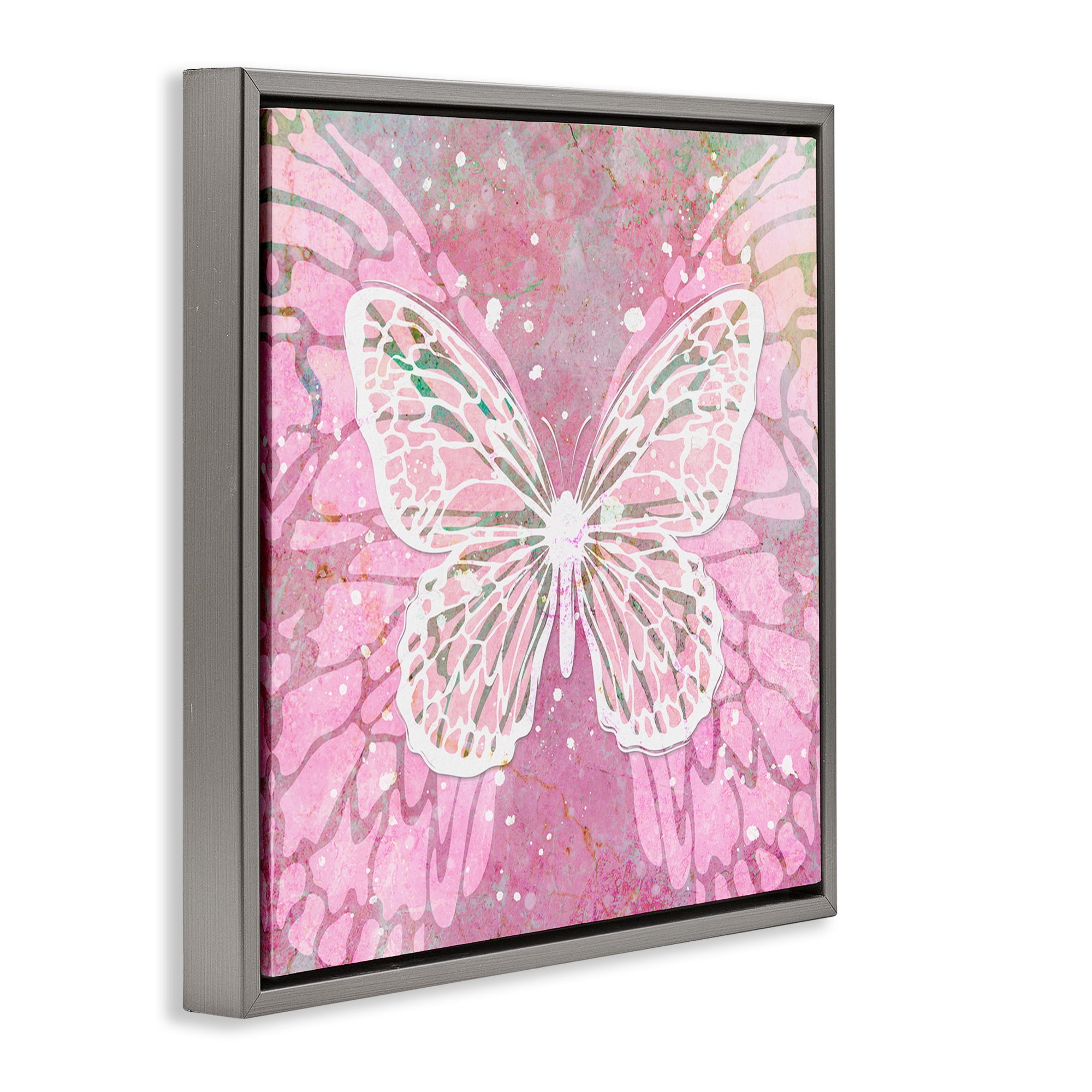 Stupell Industries Pink Butterfly Wings Animals Painting Gray Floater Framed Canvas Art Print Wall Art, 25 x 25