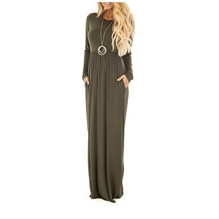 - JustVH Women's Long Sleeve Empire Waist Loose Plain Long Maxi Dress With Pockets