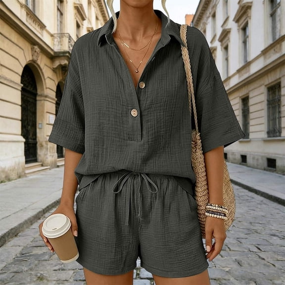 Cagogo Women's 2 Piece Shorts Set Casual Summer Cruise Outfits Drawstring Waist Shorts Loose Short Sleeve Collared Shirt Solid Boho Streetwear Matching Lounge Sets Travel Airport Clothes, Dark Gray M