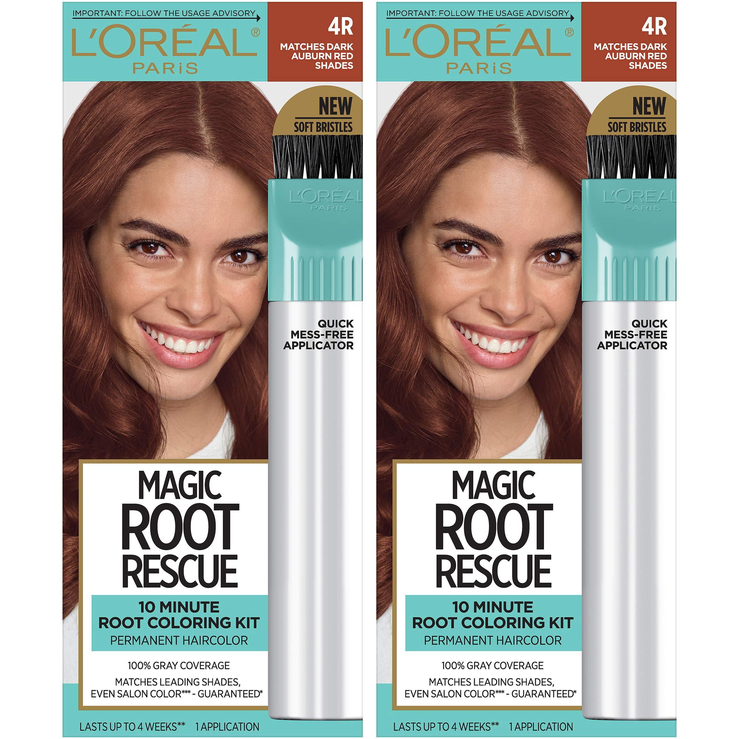 L'Oreal Paris Magic Root Rescue 10 Minute Root Hair Coloring Kit, Permanent Hair Color with Quick Precision Applicator, 100% Gray Coverage, 4R Dark Auburn, 2 count Pack of 2 Dark Auburn Re