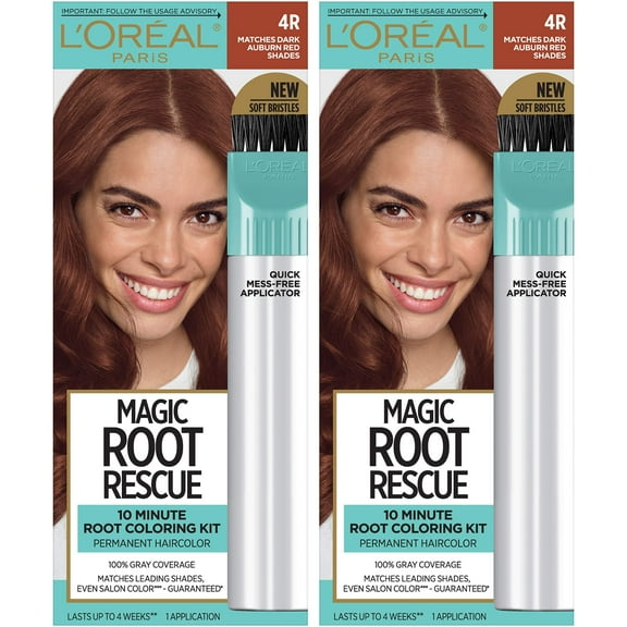 L'Oreal Paris Magic Root Rescue 10 Minute Root Hair Coloring Kit, Permanent Hair Color with Quick Precision Applicator, 100% Gray Coverage, 4R Dark Auburn, 2 count