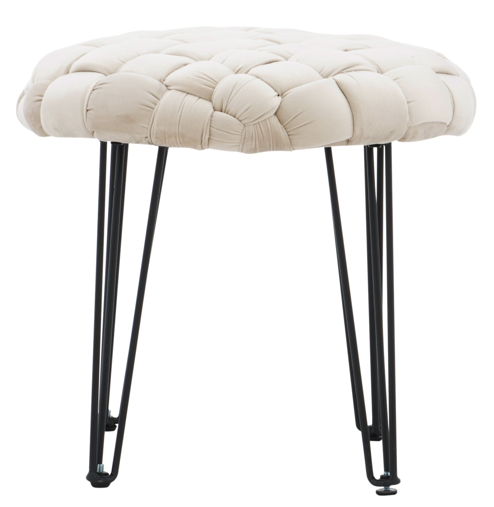 Powell Anya Round Handwoven Velvet Ottoman with Hairpin Legs, Cream
