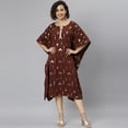 thumbnail image 3 of Janasya Indian Round Neck 3/4 Sleeve Geometric Print Brown Poly Crepe Kaftan For Women, 3 of 7