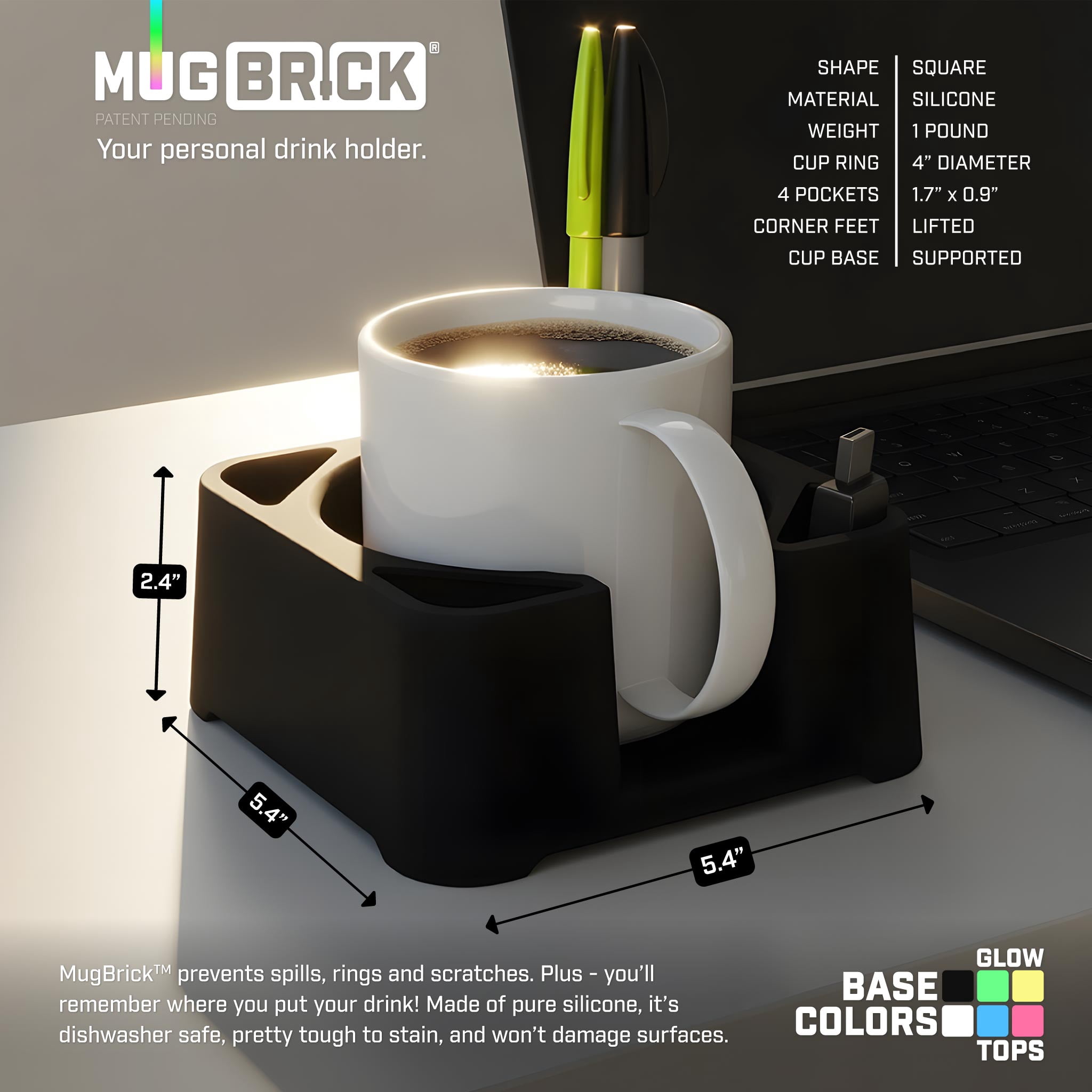 MugBrick Portable Silicone Cup Holder for Desk, Couch, Bed. Dishwasher Safe, Non-Spill Drink Holder for Office, Desktop, Sofa. White