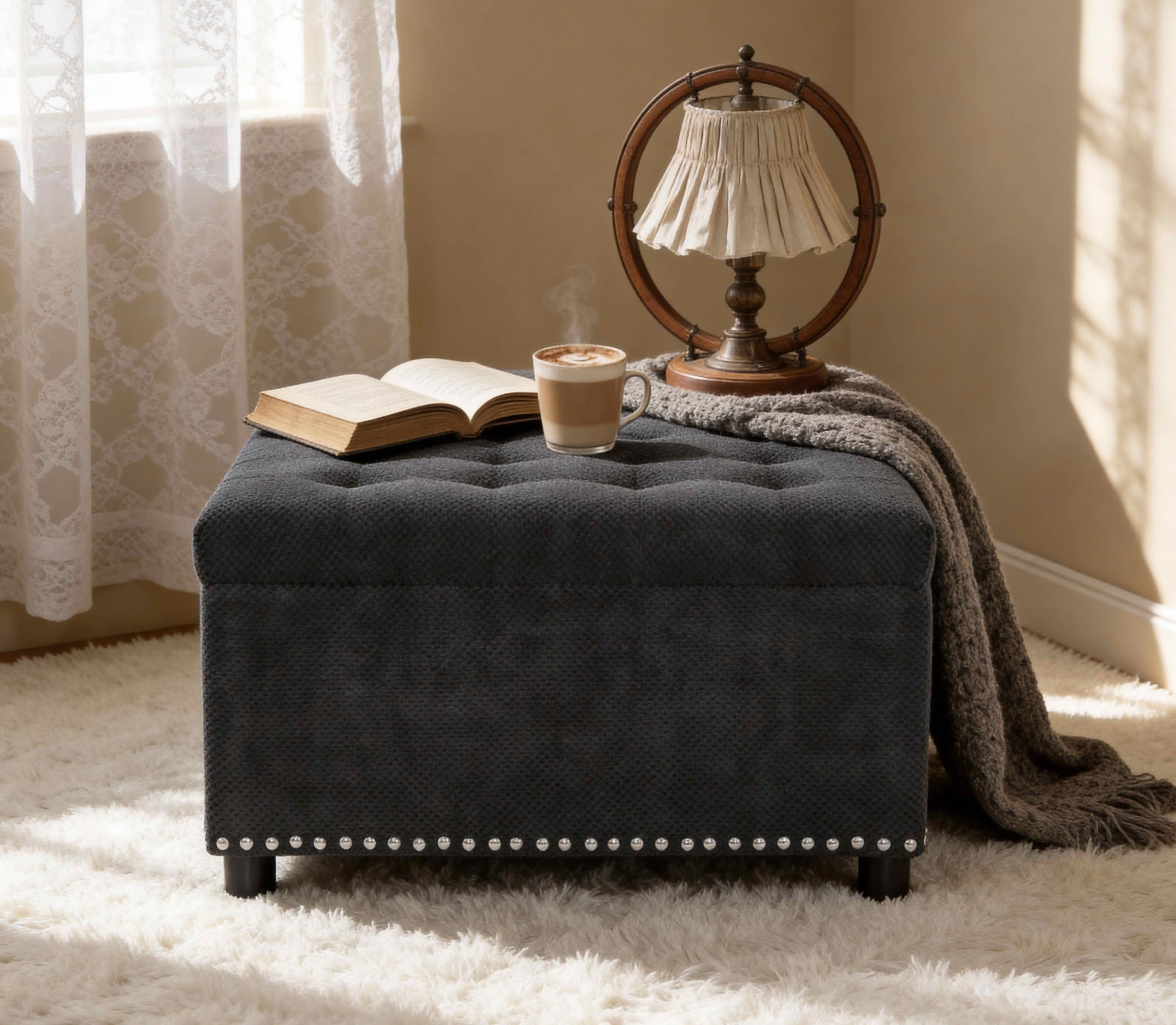 MAYEERTY 30 In Storage Ottoman, Tufted Footstool, Nailhead Trim, Square Ottoman, Black