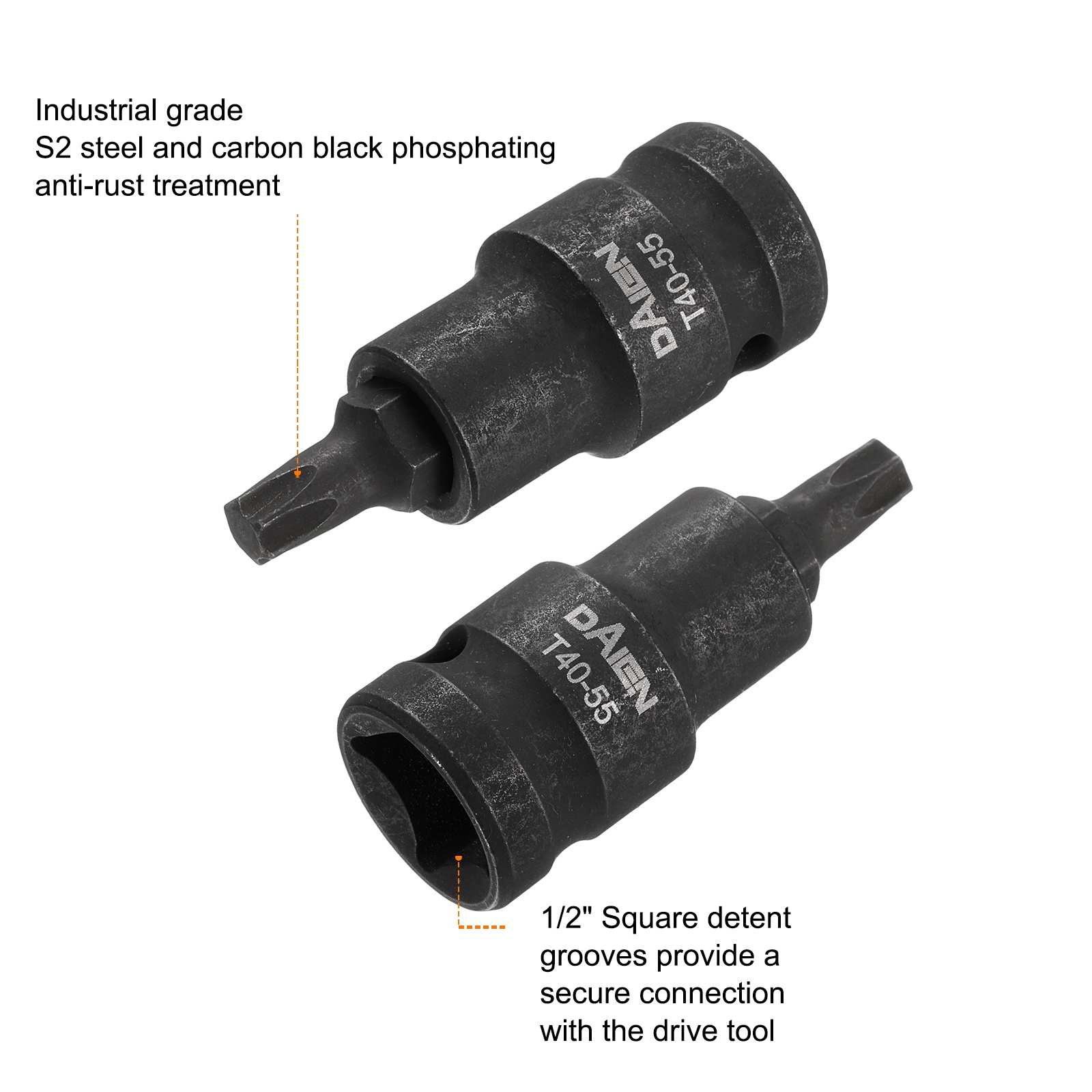 Uxcell 5pcs T40 Torx Bit Socket 55mm/2.17" Length 1/2" Square Drive Star 6 Point Extension Impact Bit Power Nut Driver Set S2 Steel Socket Ratchet Wrench Bits, Black