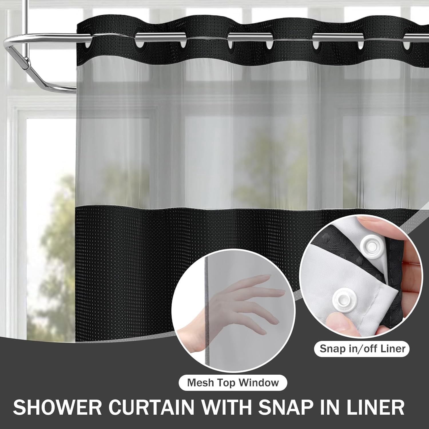 DawnJoanHD Waffle Weave No Hook Shower Curtain with Snap-in Liner, Black Polyester Fabric with See-Through Top Window, 72" x 75"