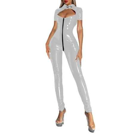 Women s Sexy Long Sleeve PVC Leather Jumpsuit Lingerie Zipper Crotch Party Bodysuit Sexy Catsuit Clubwear