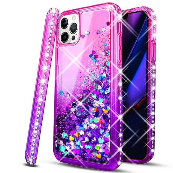 iPhone 13 Pro Case, with [Tempered Glass Protector] Liquid Floating Glitter Quicksand Bling with Spot Diamond Cover - Pink/Purple