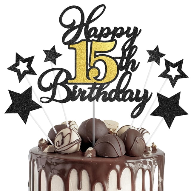 Decoración para tartas OfficCreative con motivo del 15 cumpleaños, negro y dorado