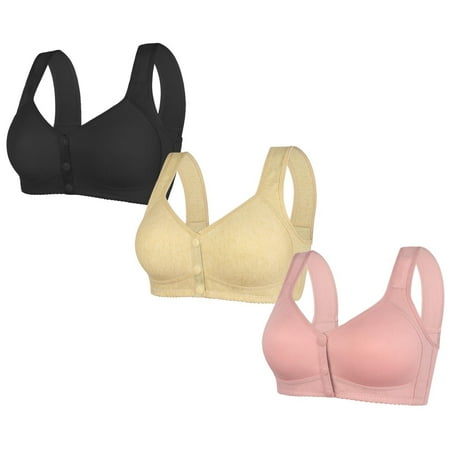 Ashirexll 3PC Bras for Women Pack Front Closure Plus Size Wireless Breathable Comfortable Soft Gathering Posture Support Bra Middle-Aged and Elderly Bra Khaki C 3XL