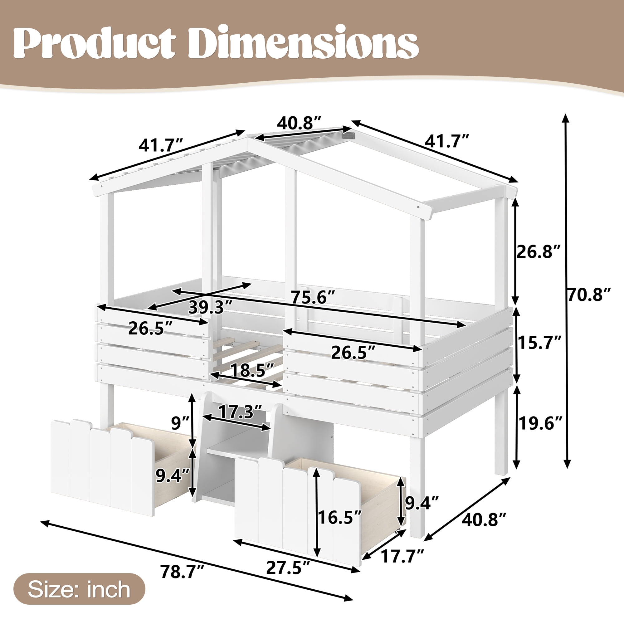 Leumius Twin House Loft Bed with Cute Stairs and 2 Storage Drawers, Farmhouse Low Loft Bed with House Shaped Roof, Childlike and No Box Spring Needed Design White