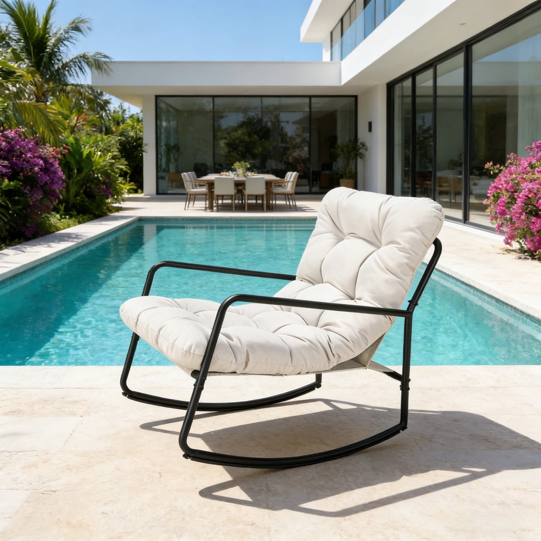 Metal Comfy Modern Patio Rocking Chair, Off-white