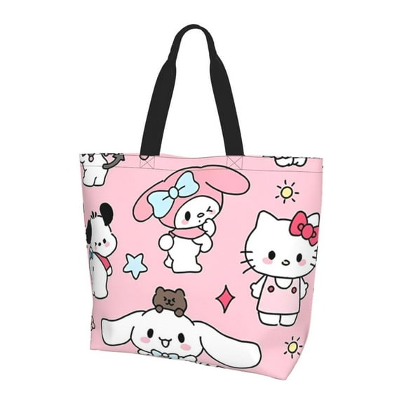 Lsque Sanrio Pattern Aesthetic Canvas Tote Bag for Women - Reusable Tote Shoulder Bag Casual Bag for Vacation,Shopping,Work,Gym