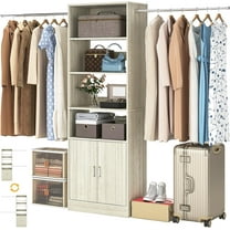 8FT Closet System, 96 Inch Closet Organizer System with Hanging Rods, Heavy Duty Clothing Rack with Cabinet, Walk In Mounted Closet System, Built-In Clothes Garment Rack, Oak