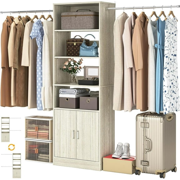 8FT Closet System, 96 Inch Closet Organizer System with Hanging Rods, Heavy Duty Clothing Rack with Cabinet, Walk In Mounted Closet System, Built-In Clothes Garment Rack, Oak