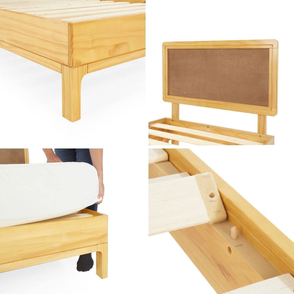 Bme King Size | Nipe 79x82x14in Deluxe Bed Frame with Adjustable Headboard, Bohemian Unique Style, Pine Wood, Natural