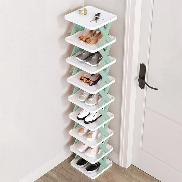 Zapatero de 9 niveles para entrada, organizador vertical de zapatos de plástico, ahorra espacio, estante de almacenamiento de zapatos independiente, armario, pasillo (verde)