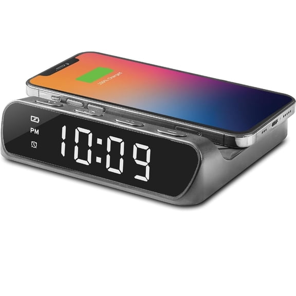 Open Box iHome iW14 Alarm Clock with Wireless Charger for iPhone, Android, and More - Black IW14B.EXV24