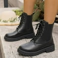 thumbnail image 4 of hopeusnice Round Toe Lace Up Elastic Panel Ankle Boots Women Leather Boots for Club Black 35, 4 of 7
