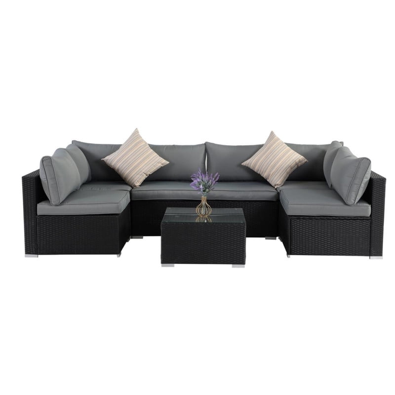 7-Piece Patio Furniture Set, Outdoor Sectional Sofa Set with Cushions and Glass-Top Coffee Table, Outdoor Conversation Set