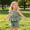 thumbnail image 2 of Outfits Sleeveless Bow Solid Vest T Shirt Tops Ruffles Shorts Girls Spring Clothes,Green,Size 3 -4 Years, 2 of 9