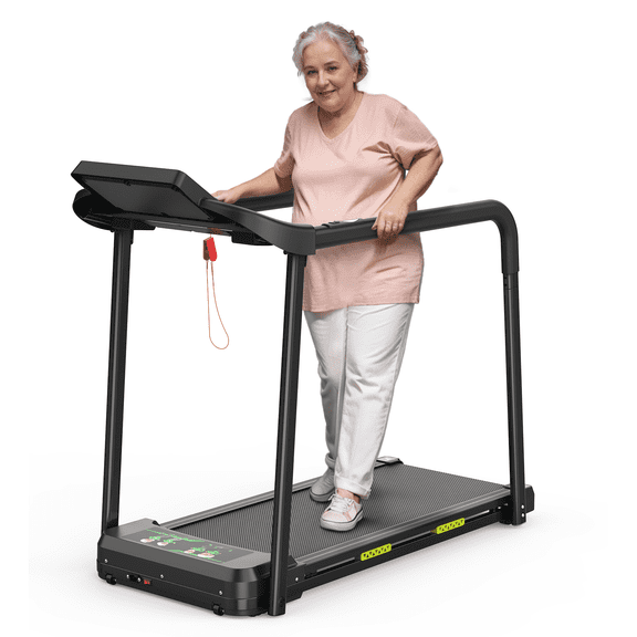 【LuckyNote】Large Display Foldable Treadmill for Seniors – Extra-Long Balance Handrail, 300 lb Capacity, Quiet & Non-Slip for Home Use