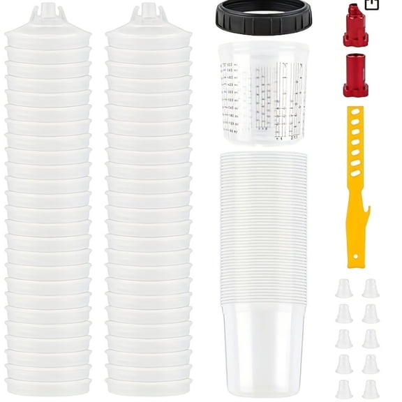 50pcs Disposable Paint Spray Gun Cup Liners and Lid System With 50Pack Paint Cups With Lids, Hard Cup With Retainer Ring, 2 Cup Adapter, Paint Stirrer, For Automotive Paint Gun