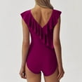 thumbnail image 3 of Iugvhana Women's Tummy Control Swimsuits Ruffle V Neck Swimwear One Piece Bathing Suit Ruched Slimming High Waisted Cute Swim Suit Wine S, 3 of 5