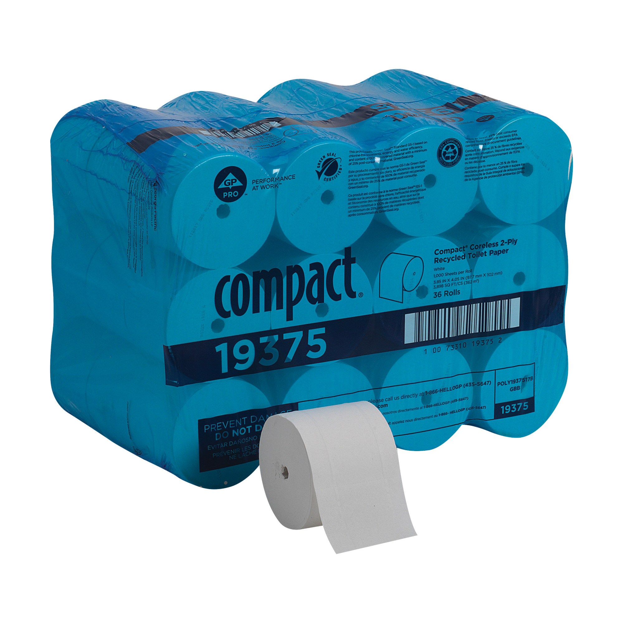 GEORGIA-PACIFIC 19375 Compact(R) Coreless Toilet Paper, 2 Ply, 1000 Sheets, PK36