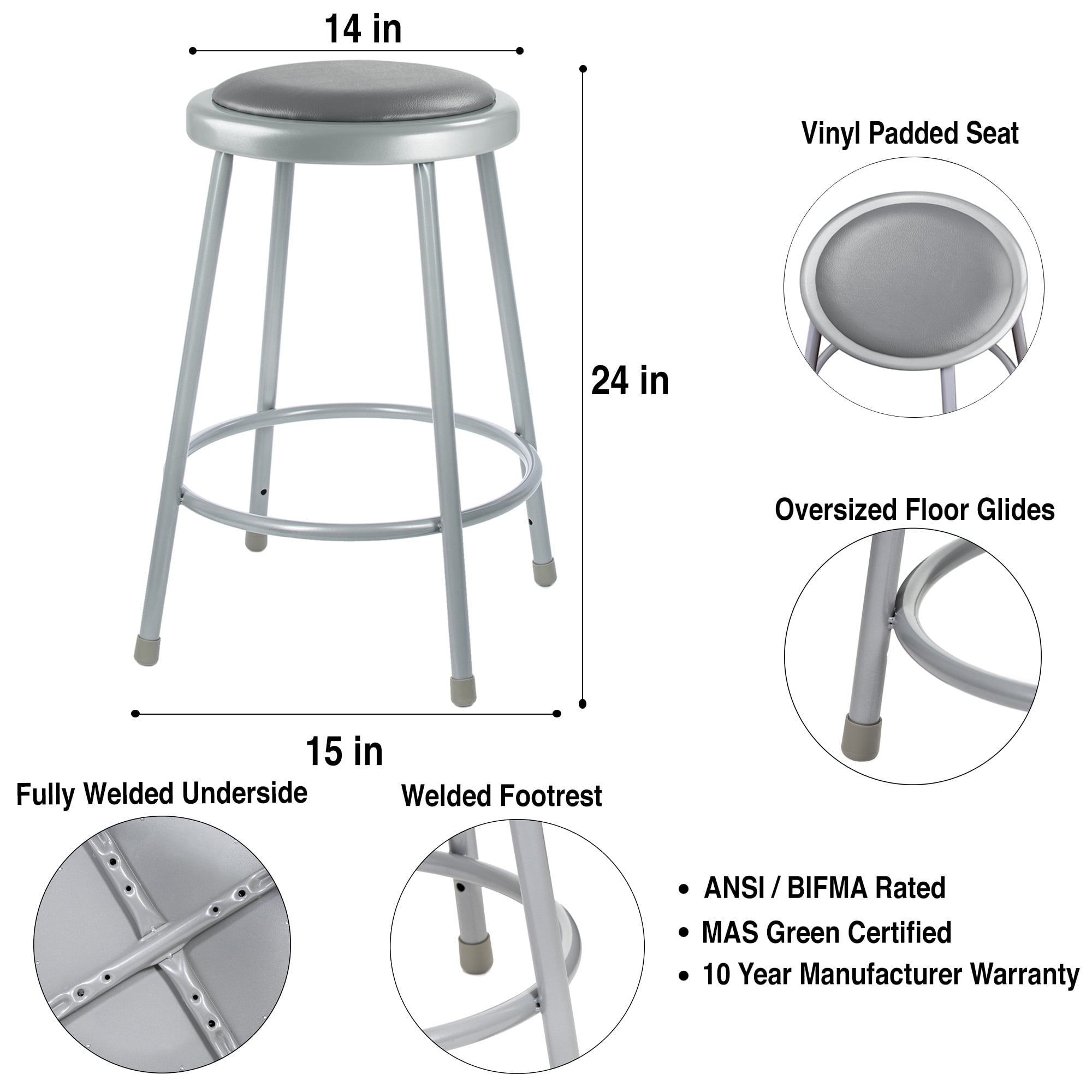 Hampden Furnishings Otto Collection 24" Padded Science Stool, Grey, Pack of 2