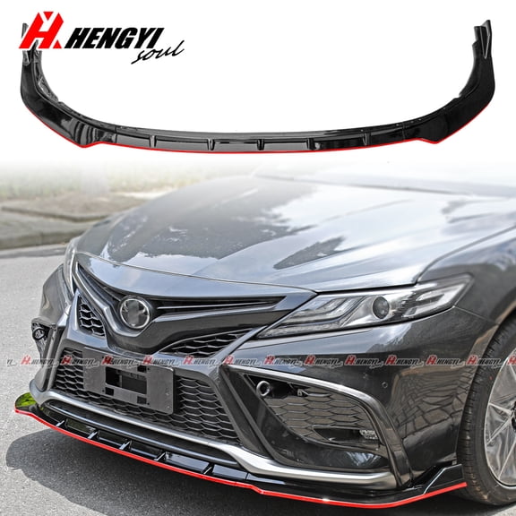 3PCS Set Front Bumper Lip Compatible with Toyota Camry SE XSE 2021-2023 Sport Models, Front Spoiler Air Dam Chin Front Splitter Lower Protector Front Lip Body Kit, Glossy Black with Red Trim