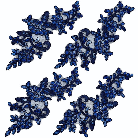 4PCS Sequin Embroidered Lace Patches Leaf Flowers Lace Applique Sewing Floral Fabric Craft Decoration Patches (Midnight Blue)