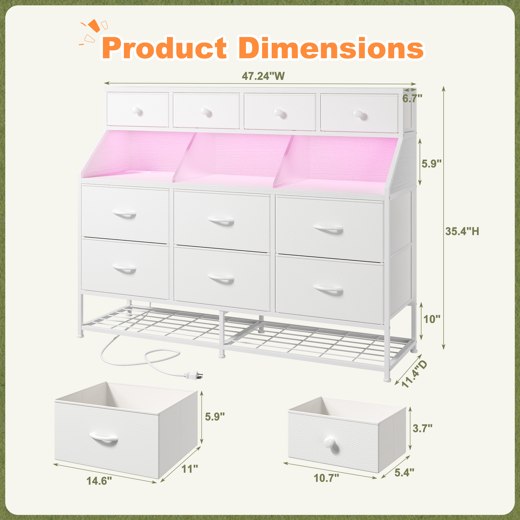 Romorgniz Dresser for Bedroom with 10 Drawers & Shoe Rack Fabric Dressers & Chests of Drawers with LED Lights and Power Outlets,White