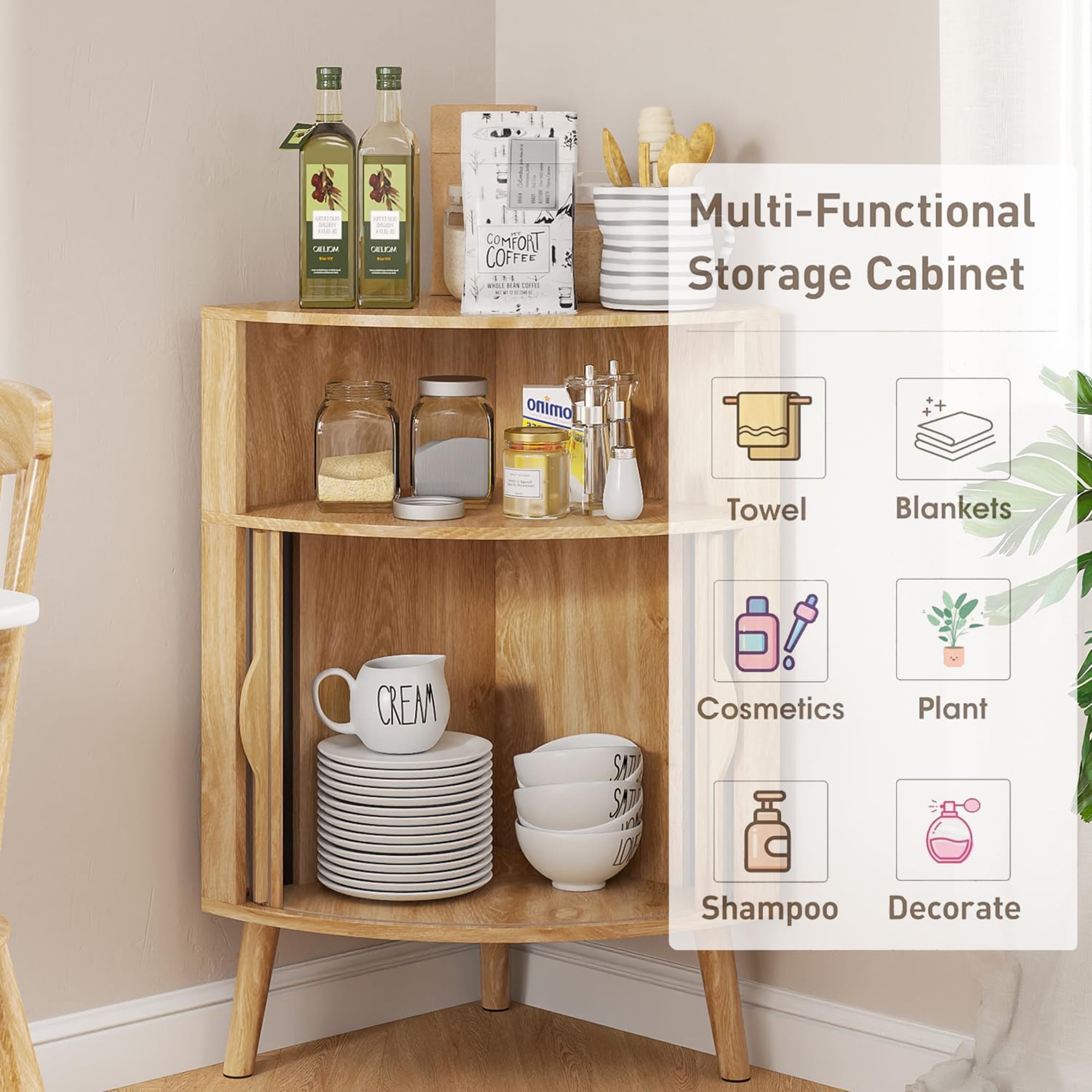 Bathroom Corner Storage Cabinet with Sliding Doors, Freestanding Floor Cabinet with Open Shelves for Kitchen, Living Room