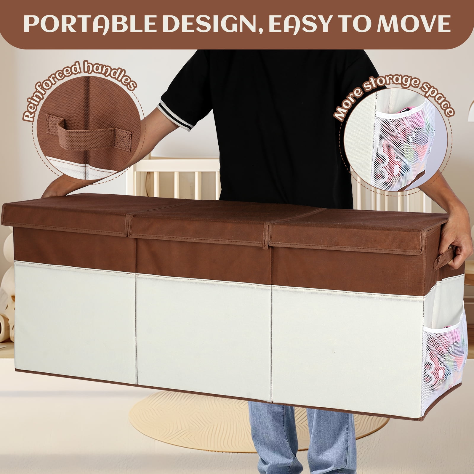 FIIOEOY Extra Large Collapsible Toy Storage Box with Lid, Divider & Mesh Pockets, 40”x14”x16”, White & Brown