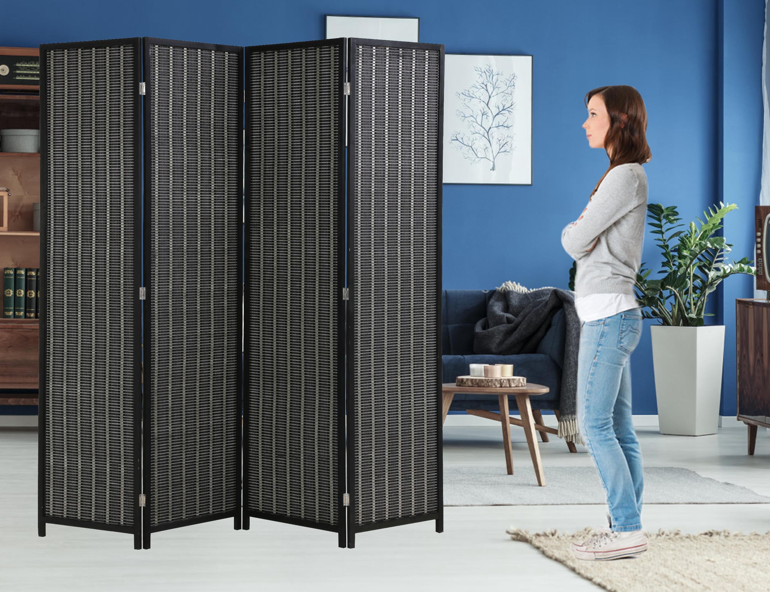 CL.HPAHKL Bamboo Room Divider 4 Panel Folding Privacy Screen Freestanding Wall Divider 6 ft Tall Room Partitions and Dividers for Home Bedroom Living Room, Black