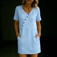 thumbnail image 4 of Admvng Womens Linen Dress Asymmetrical Buttons Short Sleeve V Neck Shift Dresses with Pockets, 4 of 7