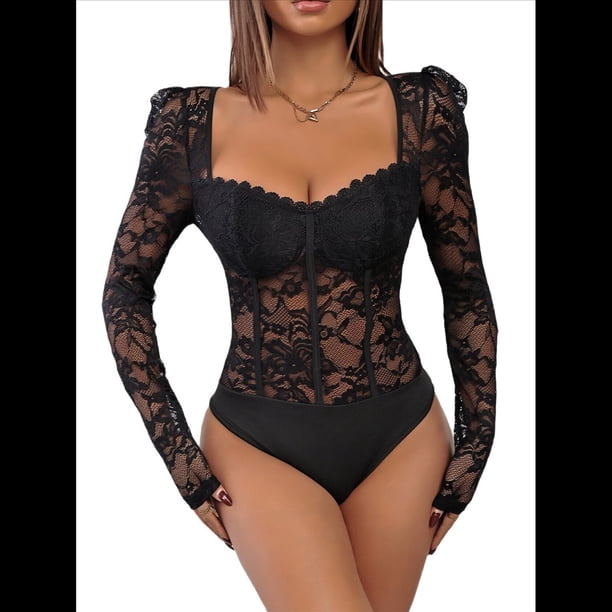 Body de Larga con Encaje Floral Transparente para Mujer, Top con Escote Corazón Negro XL