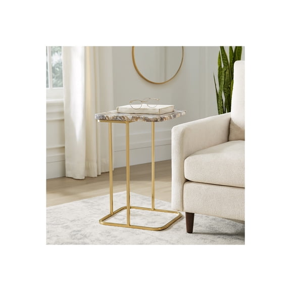 Sleek End Table, Side Table, or Night Stand for Room Decor - Modern Metal C-Shaped Accent Table with Agate Top for Bedroom or Living Room Decor - Ideal for Bedside or Small Spaces - 24" Multi-Colored