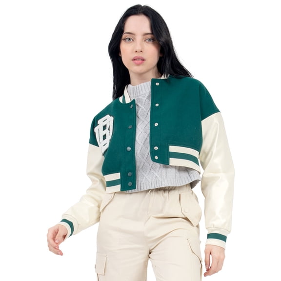 Chamarra Para Mujer Bomber Varsity Mangas Pu Quarry Color Verde