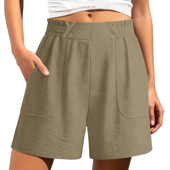 Gpoecd Shorts Taille Haute Femme Shorts d'Été Décontractés Taille Haute pour Confort Élastique Coupe Ample Couleur Unie Bas Jambe Droite Shorts de Survêtement Kaki,TG