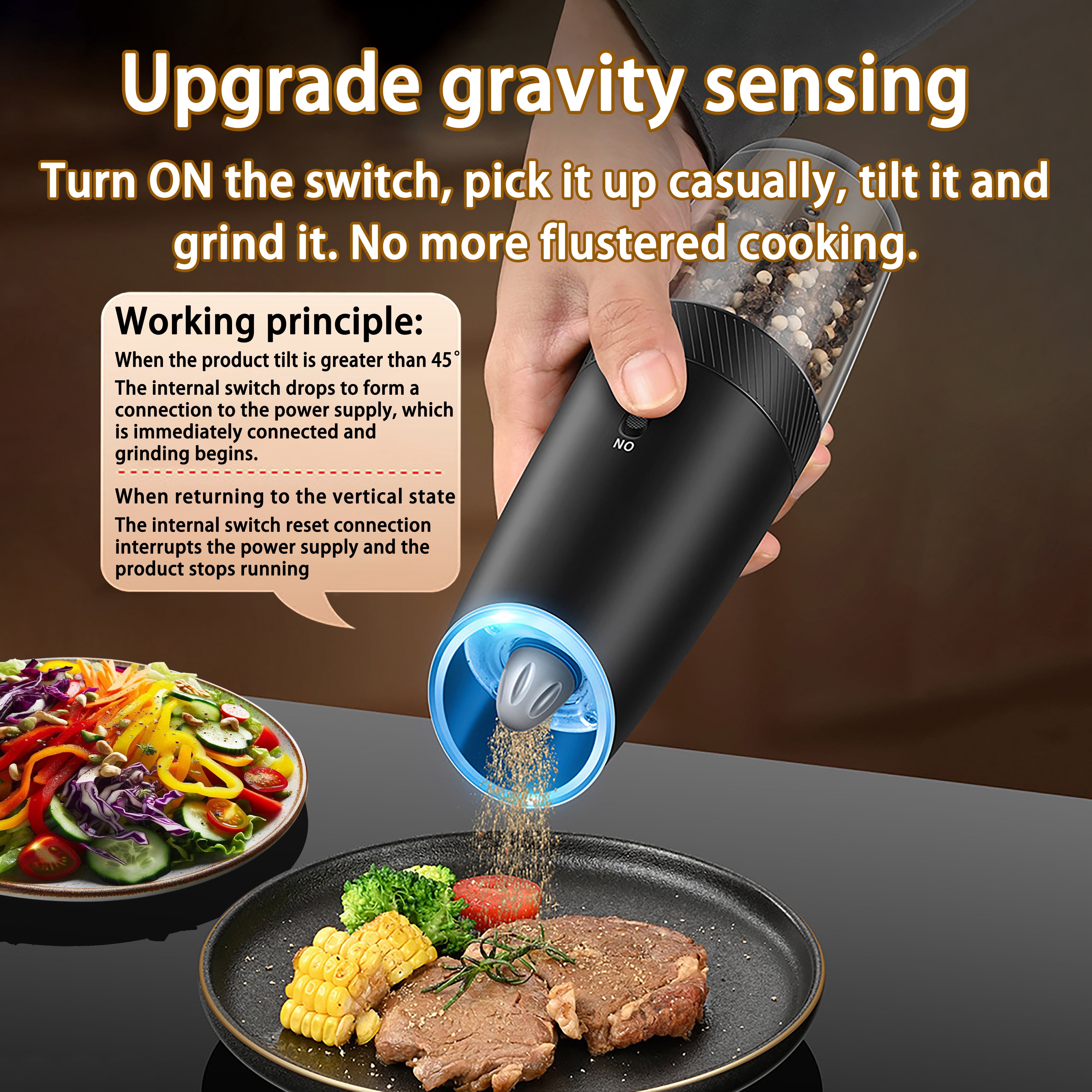 LHKLUK Electric Salt and Pepper Grinder, Set Rechargeable, Gravity Sensing, LED Light, Adjustable Coarseness, for Home Kitchen BBQ, Two sets