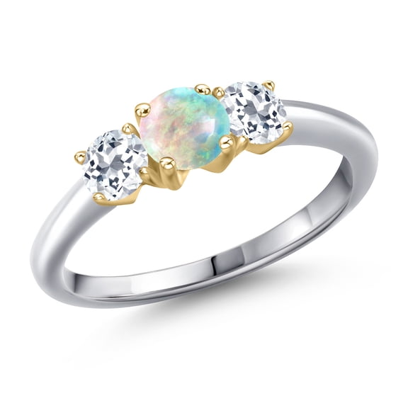 Gem Stone King 10K Two Tone Gold Simulated White Opal and White Topaz Engagement Ring for Women | 1.16 Cttw | Round Cabochon 5MM | Gemstone October Birthstone | Size 7