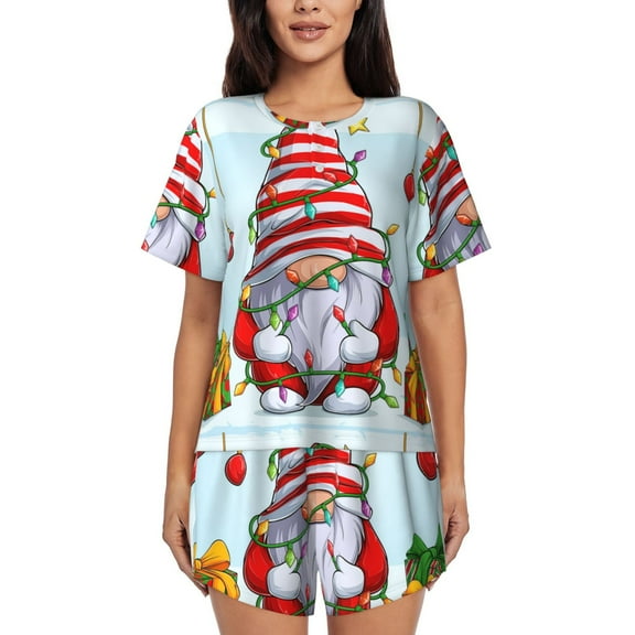 Logiee Funny Christmas Gnome Print Womens Pajamas Set,Short-Sleeve Pajama 2 Piece Sleepwear with Pockets-Small