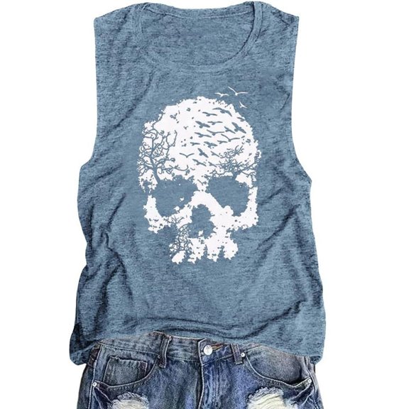 Womens Tank Tops Casual skull Print Sleeveless Vest Slim Fitted Basic Shirts Fashion Clothing Size XL