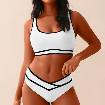 Leesechin Women s Bikini Sets High Waisted Two Piece Swimsuits Sporty Color Block Cheeky High Cut Bathing Suits