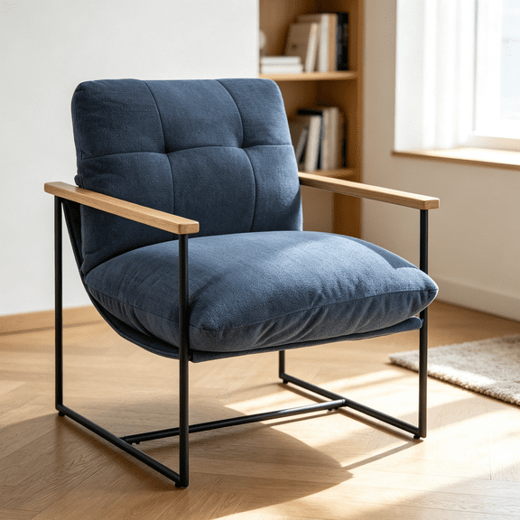 Modern Accent Chair, Removable Cushion Vanity Chair with Solid Wood Armrests, Comfy Upholstered Chair for Living Room, Bedroom, Home Office, Blue