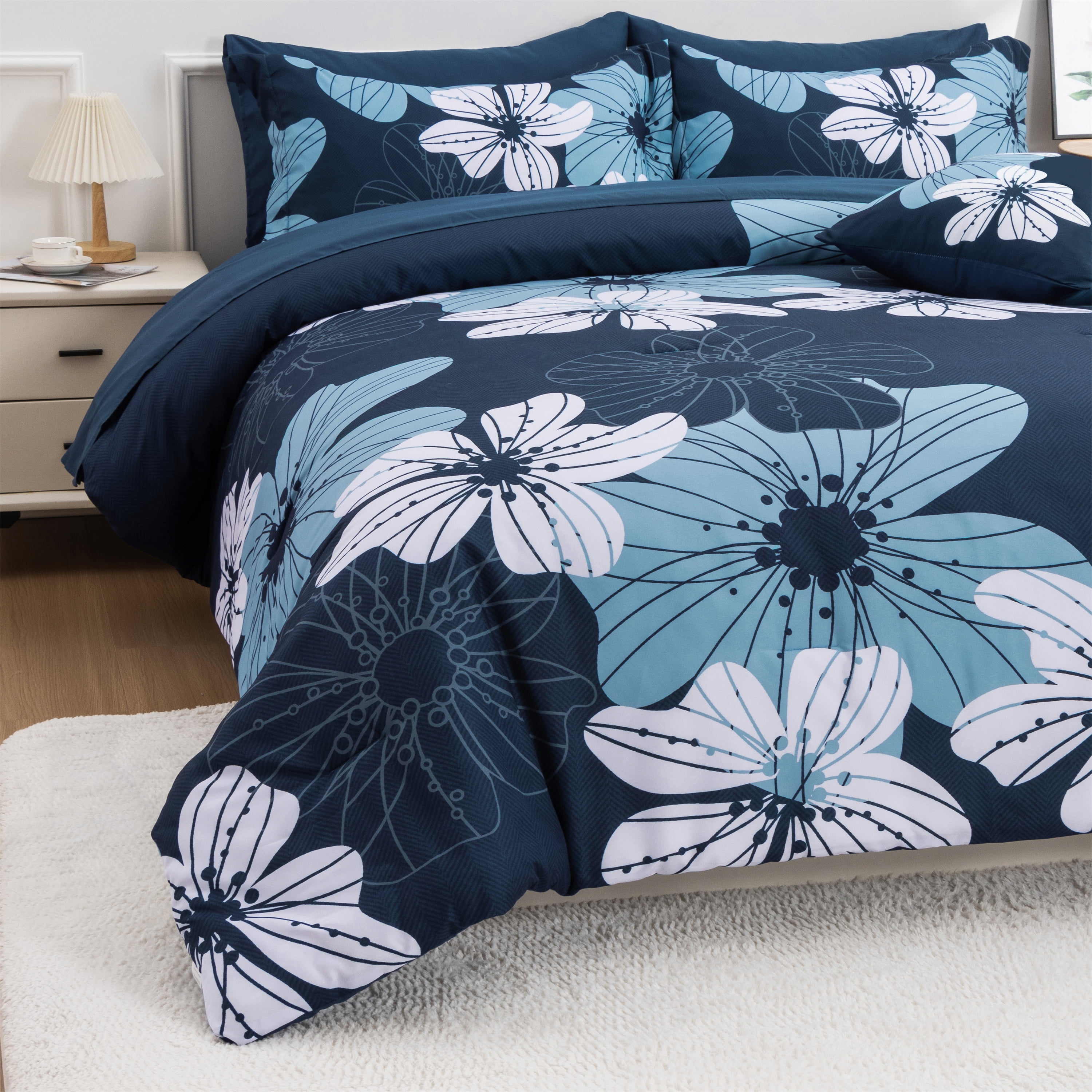 Btargot 6 Piece Navy Comforter Sets King Adult Floral Bedding Set Botanical Boho Flower Bed-in-a-Bag